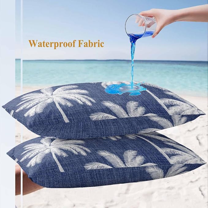 Lumbar Pillow Covers 20x12 Inch Set of 2, Indigo Blue Palm Trees Waterproof Outdoor Pillow Covers, Farmhouse Tropical Summer Beach Decorative Cushion Pillowcases for Couch, Sofa, Bed, Garden, Patio