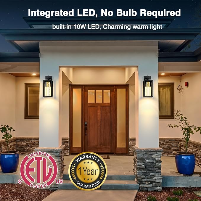 VIANIS Large Exterior Lighting Fixtures Wall Mount for House, Modern Black Dusk to Dawn Built-in LED Outdoor Garage Lights, Anti-Rust Outdoor Sconce Lights for Porch, Patio with Crystal Bubble Glass
