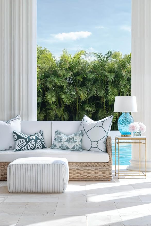 Hofdeco Premium Coastal Hampton Patio Indoor Outdoor Lumbar Pillow Cover Only, 12"x20" Water Repellent for Backyard, Couch, Poolside, Celadon Green Print Abstract Plam Leaves
