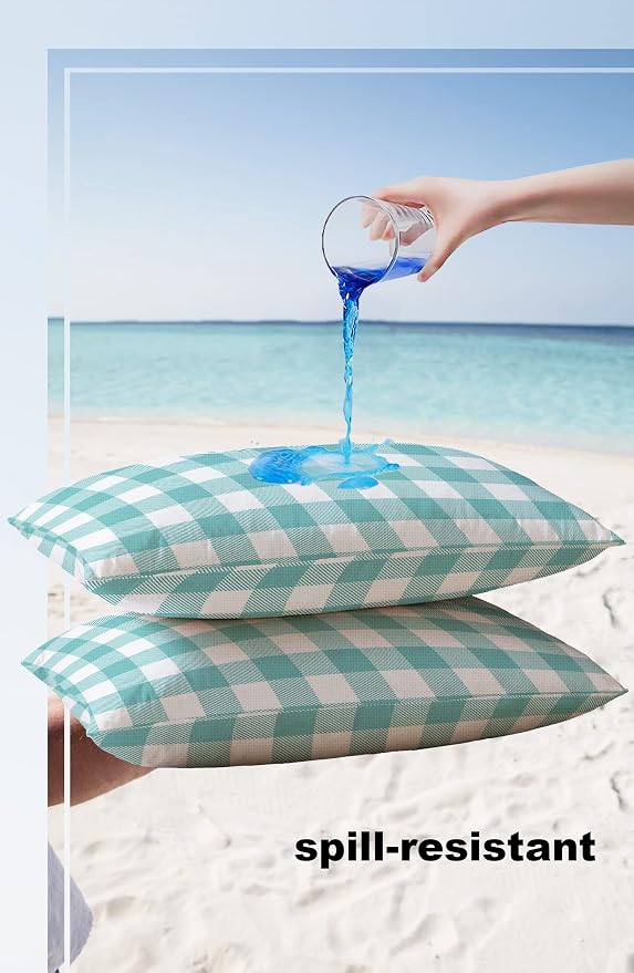 Outdoor Waterproof Throw Pillow Covers Set of 2 Teal Green White Check Plaid Lumbar Pillowcases 20x12 Inches Farmhouse Style Patio Decorative Pillows Cushion Case Patio Pillows for Couch Bed Garden