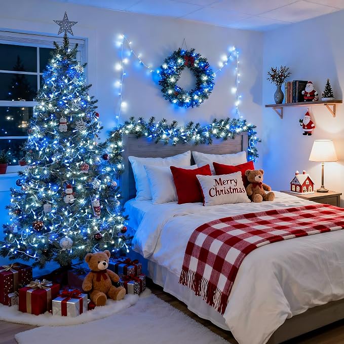JMEXSUSS 600 LED Blue and White Christmas Lights Outdoor with Remote | 168ft String Lights Indoor Clear Wire Christmas Tree Lights Plug in for Bedroom Tree Birthday Party Xmas Decorations