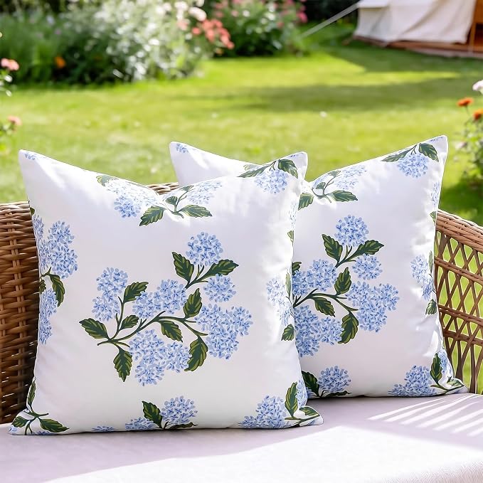 cygnus Waterproof Outdoor Pillow Covers 18x18 Inch Blue Green Hydrangea Floral Spring Summer Outdoor Pillows for Patio Furniture Garden Bench Home Decor
