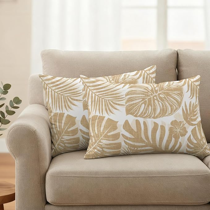 Khaki Palm Leaves Outdoor Pillow Covers 20"x12" Set of 2, Tropical Botanical Minimalist Modern Waterproof Throw Pillow Covers for Patio Furniture, Decorative Cushion Covers for Porch