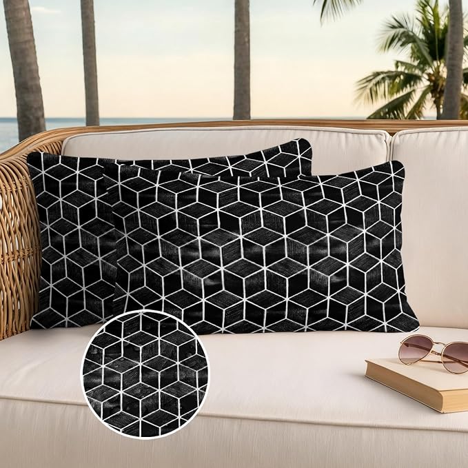 Black Honeycomb Tiling Waterproof Outdoor Pillow Covers Set of 2 Home Decor, Wooden Grain Blocks Lumbar Pillowcase Patio Pillow Covers for Couch Bench Patio Furniture Garden 20x12in