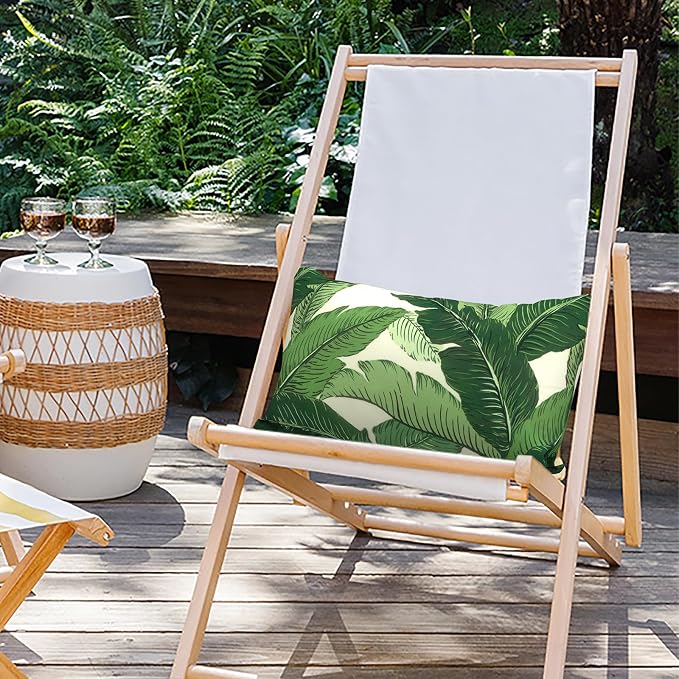 Outdoor Lumbar Pillows 12x20 inch, Rectangle Throw Pillows with Inserts, Decorative Lumbar Cushions for Patio Furniture Garden Couch Home Sofa Office Chair, Pack of 2, Swaying Palms Green