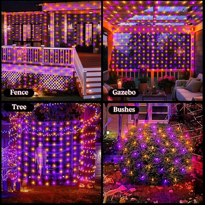 2 Pack 120LED Net Lights Outdoor, 5ft x 6ft Connectable Mesh Lights, 8 Modes 3.5V Low Voltage Waterproof Bush Lights for Trees, Bushes, Wedding, Party Decor (Orange/Purple, 2Pack)