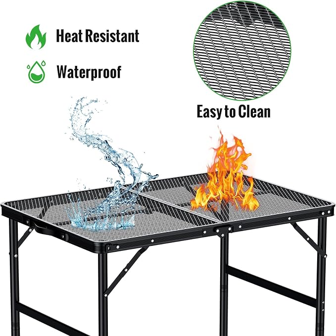 GARLLEN Folding Grill Table, 2-Height Adjustable Folding Camping Table with Heat-Resistant Wider Tabletop, Portable Aluminum Outdoor Tables for BBQ, Camping, Picnic, 35" L x 21.65" W, Black