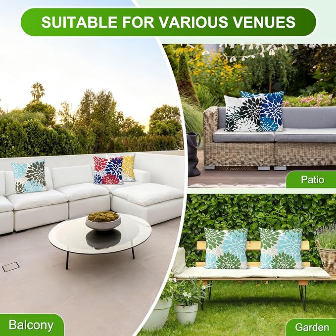 M METERXITY 2-Pack Pillow Cover 20x20 Linen, Sky Blue Green Gray | Water Resistant Floral Decor Slipcover, for Patio, Balcony, Garden, Outdoor Pillow Case