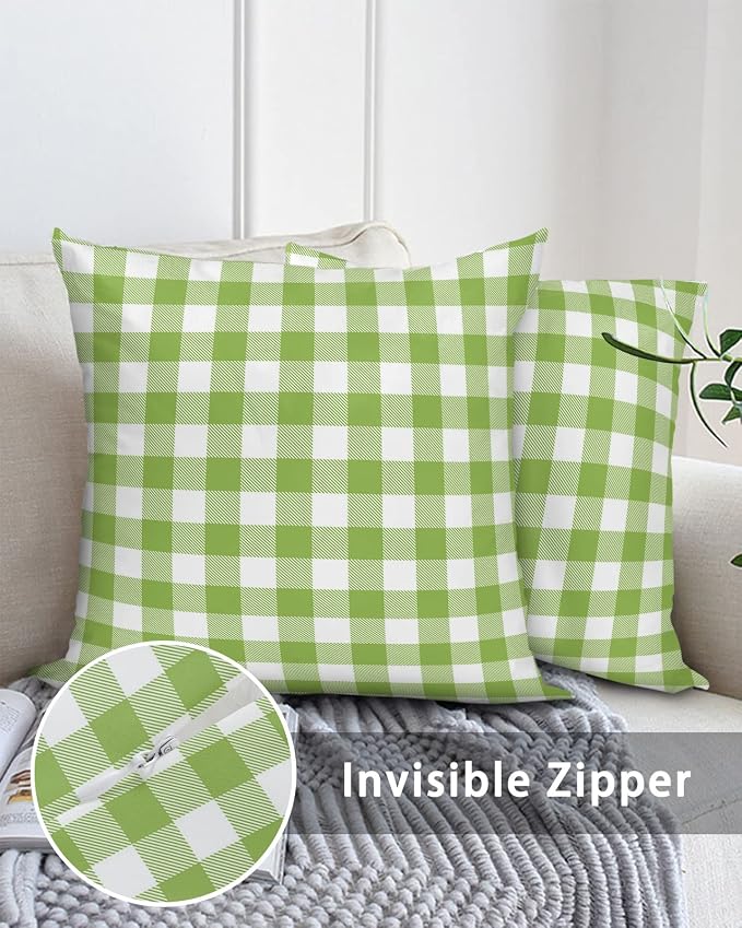 Outdoor Waterproof Throw Pillows Green White Gingham Check Patio Pillows Pack of 2,Decorative Pillow Covers with Insert,Pillow Cushion Case for Indoor Garden Couch Sofa Pastoral Buffalo Plaid