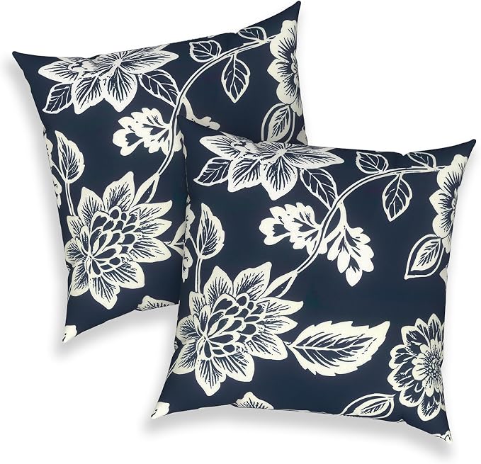 Outdoor 16x16 Inch Throw Pillow Covers Set of 2, Covers ONLY, All Weather Square Pillow Cases, Patio Cushion Pillow of Home Furniture Use, Elegant Vines Navy