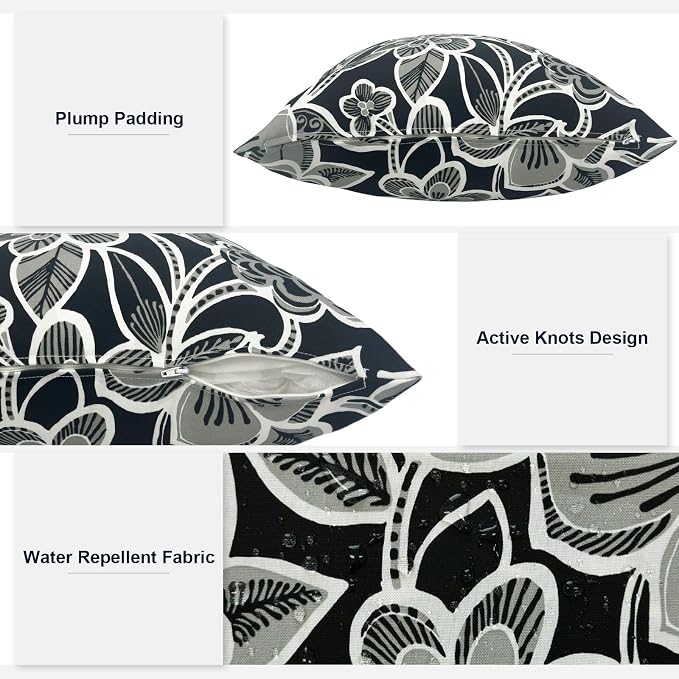 Pack of 2 Outdoor Lumbar Pillow Covers, All Weather Cushion Pillow Cases 12x20 Inch, Pillowcase for Patio Couch Decoration, Flower Black