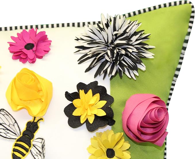 Bees & Flowers Dimensional Indoor/Outdoor Decorative Pillow, 18x18, Multi