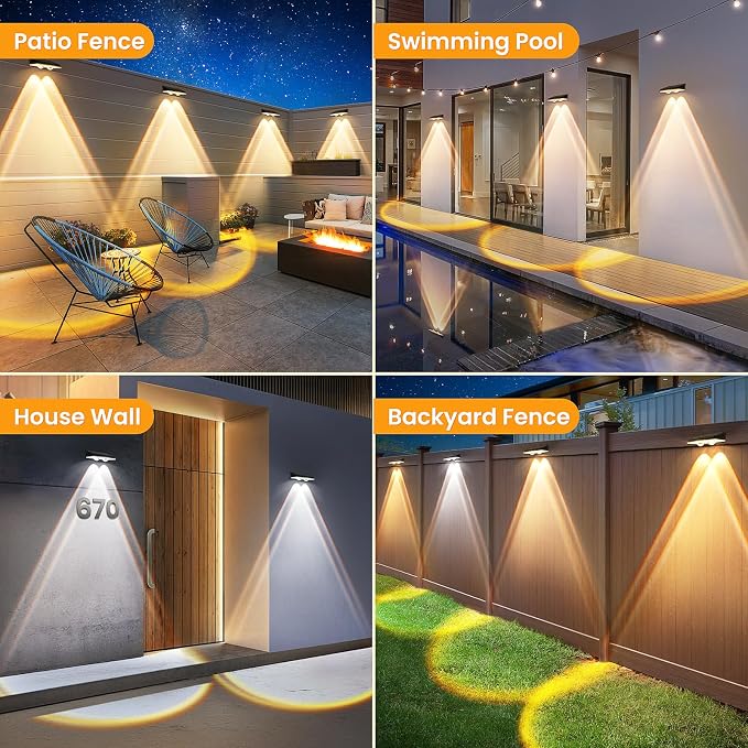 Solar Fence Lights Outdoor, 8 Pack, 3 Color Modes, IP65 Waterproof | Warm/Neutral/Cool White Fence Lights Solar Powered for Outside, Deck Lighting for Wall, Step, Patio, Pathway, Stairs