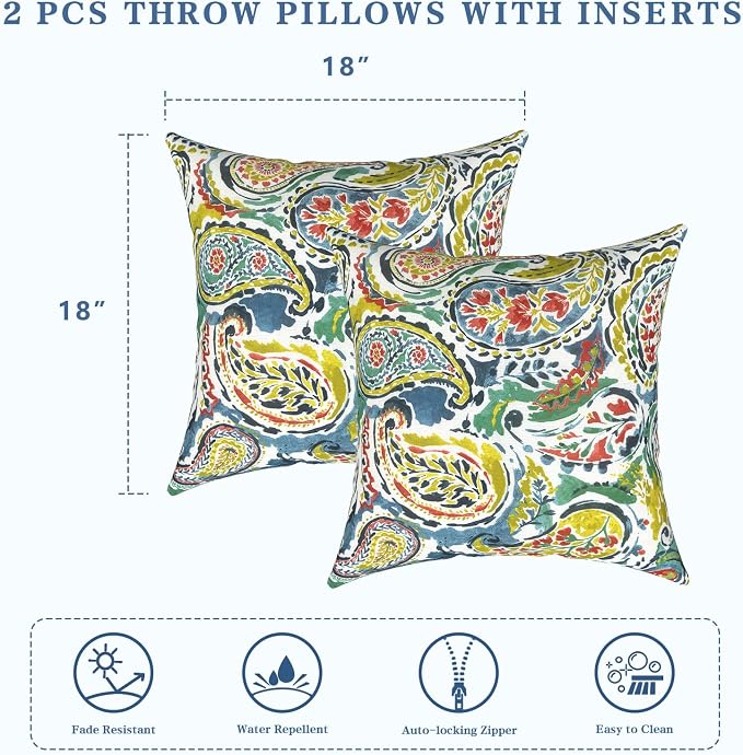 LVTXIII 2 Pack Outdoor Pillows 18x18 Inch, Square Throw Pillows with Inserts, Decorative Water-Repellent Pillow Cushions for Patio Furniture and Garden Sofa, Paradise Paisley
