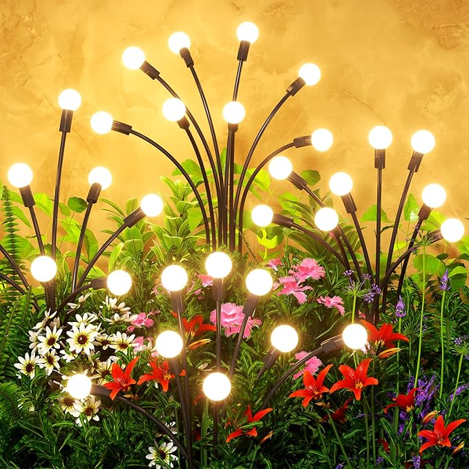 Solar Lights Outdoor(4 Pack,32 LEDs),Solar Lights Outdoor Waterproof for Garden Decor,4 Modes Firefly Light for Outdoor Decor,Big Bulb High Lumens Patio Decor,Sway by Wind,Gardening Gifts for Women