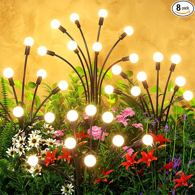 Solar Lights Outdoor(8 Pack,64 LEDs),Solar Lights Outdoor Waterproof for Garden Decor,4 Modes Firefly Light for Outdoor Decor,Big Bulb High Lumens Patio Decor,Sway by Wind,Gardening Gifts for Women