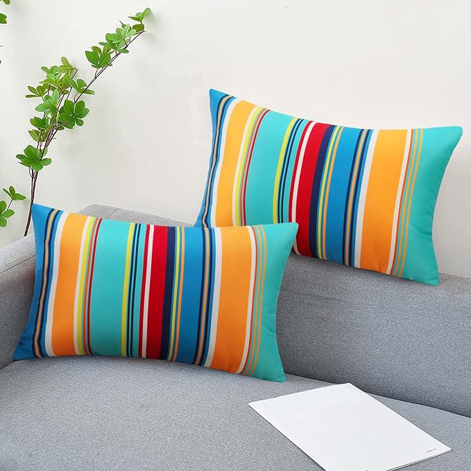 Pyonic Outdoor Lumbar Pillow Covers Set of 2 Waterproof Throw Pillow Covers Decorative Patio Pillows for Patio Tent Garden Beach,12x20 Inches,Color Stripe(Blue)