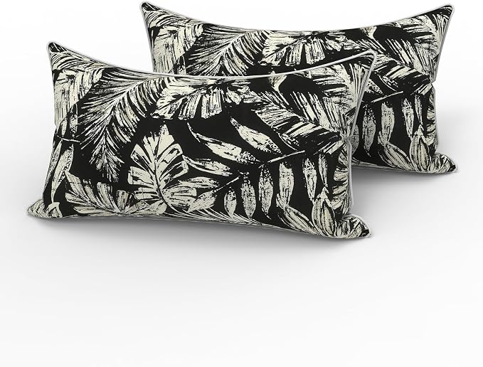LVTXIII 2 Pack Outdoor Lumbar Pillows 12x20 Inch with White Piping, Fade Resistant Support Throw Pillows with Inserts for Patio Furniture, Sofa, Chair, Tropical Leaf Black