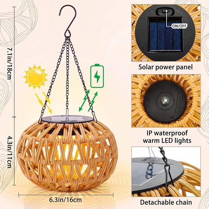 6 Pcs Solar Hanging Lanterns Outdoor Waterproof Decorative Lamp | Rattan Solar Lantern Lights, Gifts for Mom Grandma for Yard, Patio, Porch, Pathway, Deck, Lawn Decor