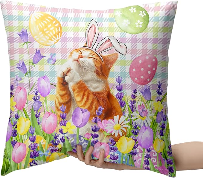 Spring Easter Pillow Covers 16x16 Set of 2 Lovely Cow Cat and Ginger Cat Wearing Bunny Ears Throw Pillow Covers Tulip Floral Pillow Case for Easter Decoration Sofa Patio Garden