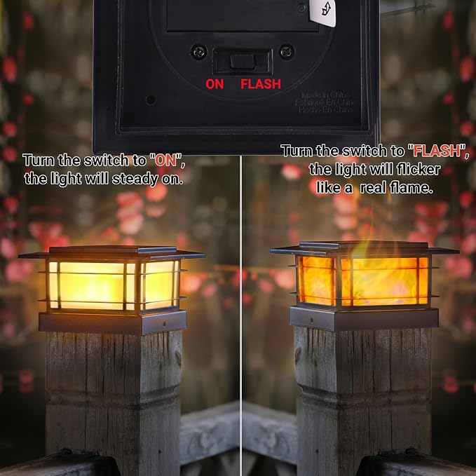 Dynaming 8 Pack Solar Post Cap Lights Outdoor with Flickering Flame Light, Fence Post Solar Lights Fit for 4x4 5x5 6x6 Vinyl/Wooden Posts, High Brightness SMD LED Lighting Decor for Garden Deck Patio