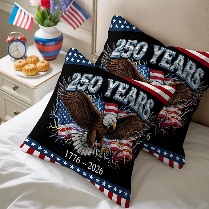 America 250 Years Eagle Outdoor Pillow Covers 24"x24" Set of 2, Independence Day Lightning Red Blue Flag Waterproof Throw Pillow Covers for Patio Furniture, Decorative Cushion Covers for Porch