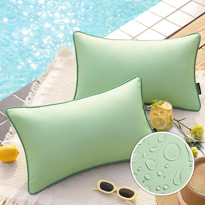 Phantoscope Pack of 2 Outdoor Waterproof Throw Pillow Covers with Contrast Piping, Decorative Square Cushion Case Patio Pillows for Couch Tent, Sage Green 12x20 inches