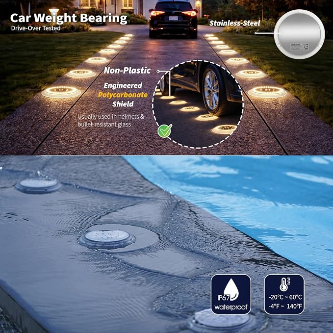 Solar Ground Lights, 48 LEDs Deck Disc, Warm White, 12Pk | Outdoor Waterproof, Flat Round Low Profile, Ultra Bright, IP67 Waterproof, Car Weight Bearing, Driveway, Dock, Path, Walkway