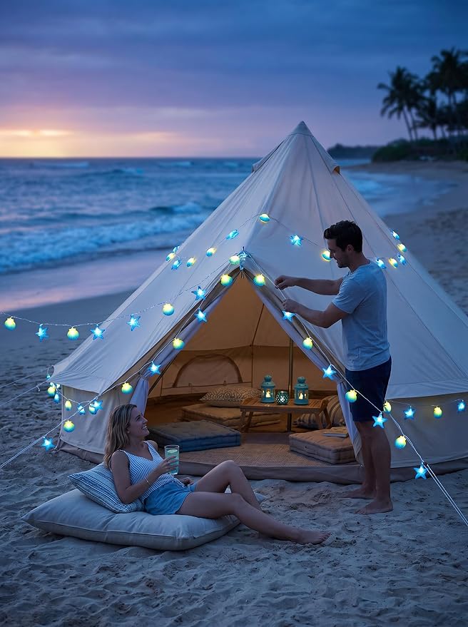 8.5Ft Beach Themed Seashell String Lights, 10L LED Starfish Seashell Lights | Plug in for Boho Coastal Bedroom Seashell Party Nautical Party Holiday Decor, Indoor Outdoor