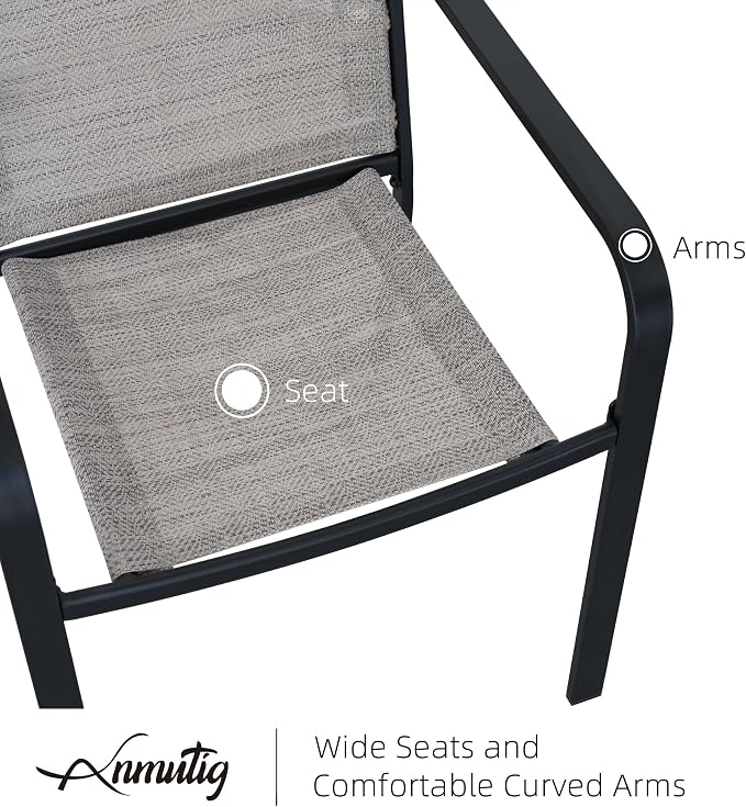 5 Piece Outdoor Dining Set with 37" Square Glass Table and BeigeGrey Chairs | 4 Piece Stackable Chairs Textilene Seat and Back, Table & Chair with Metal Frame, Square Glass Table Top, 1.7" Umbrella Hole