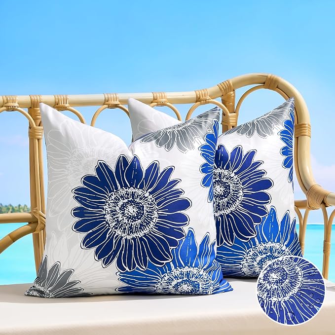 Outdoor Floral Throw Pillow Cover Blue Grey Sunflower Decorative Accent Pillows 16x16 Set of 2 Pillow Covers Waterproof Square Farmhouse Couch Pillow Covers for Living Room Sofa Patio Furniture Garden