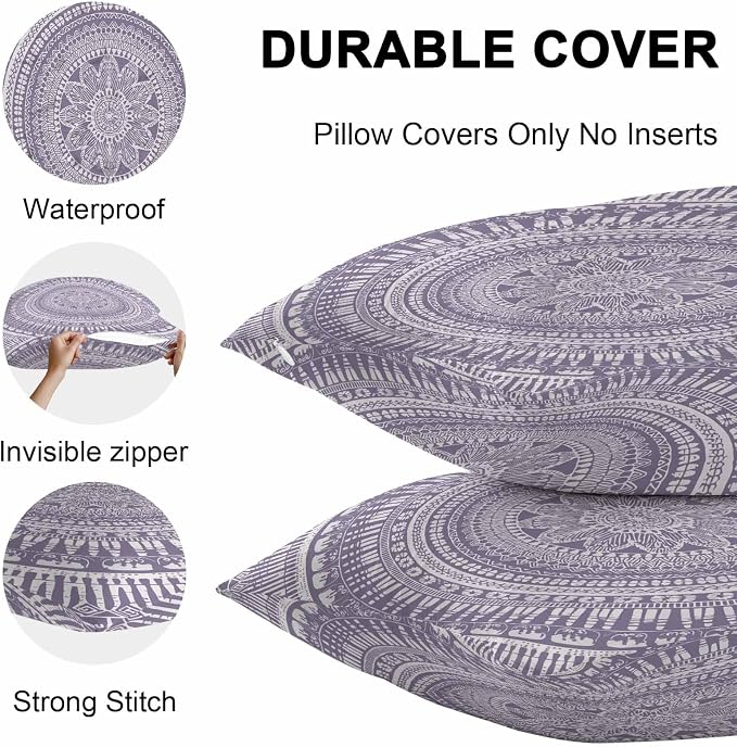 Vandarllin Outdoor Throw Pillows Covers 26x26 inch Set of 2 Waterproof Purple Boho Decorative Zippered Cushion Covers for Patio Furniture, Bohemian Floral Geometric Lumbar Pillowcases