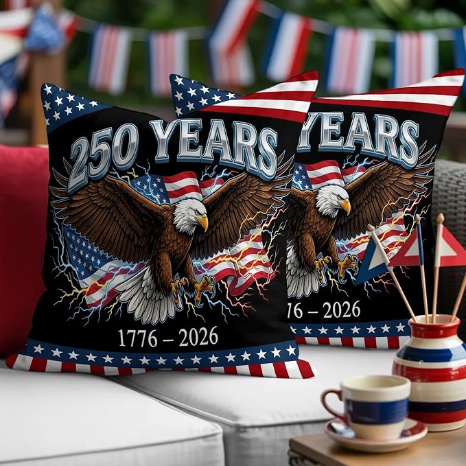 America 250 Years Eagle Outdoor Pillow Covers 18"x18" Set of 2, Independence Day Lightning Red Blue Flag Waterproof Throw Pillow Covers for Patio Furniture, Decorative Cushion Covers for Porch