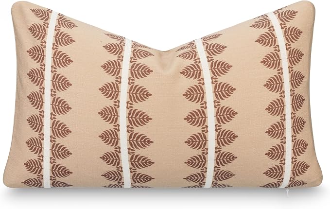 Crumbs Home Modern Farmhouse California Casual Indoor Outdoor Lumbar Pillow Cover, 12"x20" Water Repellent for Patio, Backyard, Couch, Poolside, Earth Tone Cocoa Brown Tan Print Leaves Stripes