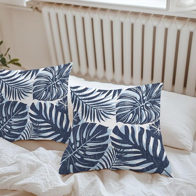 Navy Blue Palm Leaves Outdoor Pillow Covers 24"x24" Set of 2, Tropical Botanical Minimalist Modern Waterproof Throw Pillow Covers for Patio Furniture, Decorative Cushion Covers for Porch