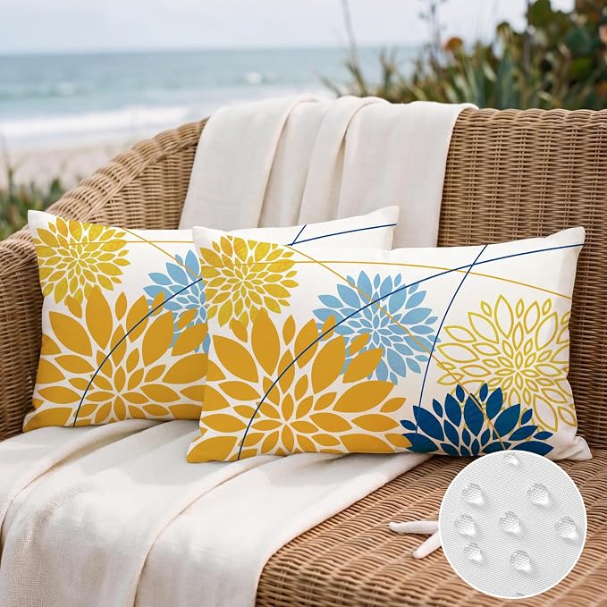 OTOSTAR Outdoor Golden Light Blue Pillow Covers 12x20 Inch Set of 2 Dark Blue Flower Throw Pillows Geometric Dahlia Floral Lumbar Cushion Case Waterproof Decor for Sofa Patio Funiture Garden