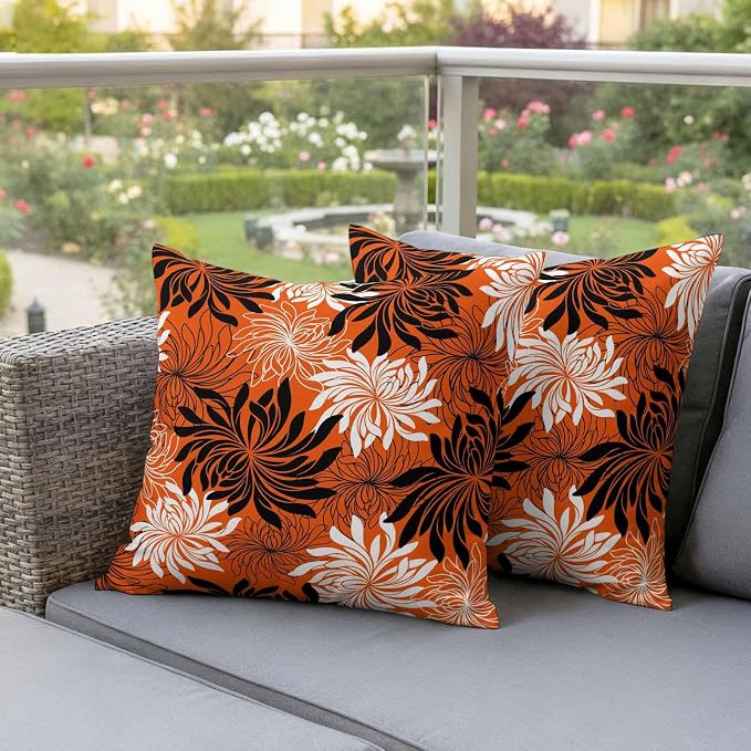 Yukro Orange Black Floral Outdoor Waterproof Pillow Covers Pack of 2, Vintage White Black Flower Orange Decorative Throw Pillowcases Cushion Covers for Garden Patio Tent Sofa Couch, 26x26 inch