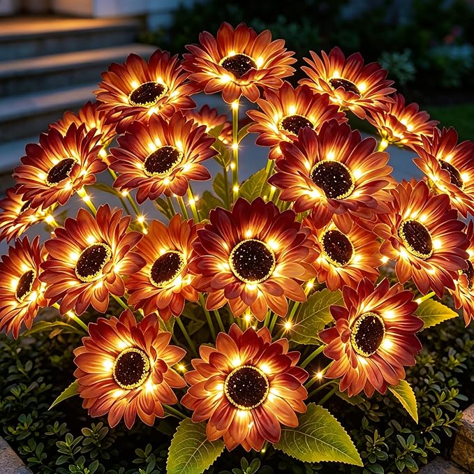 MRHEPHAESTUS Solar Garden Lights Outdoor, 6 Pack Solar Brown Sunflower Lights with 18 Head 3.5 Inch Flowers, Waterproof Flowers Light Fall Decor Auto ON/Off for Garden Yard Patio, Gifts for Mom Women