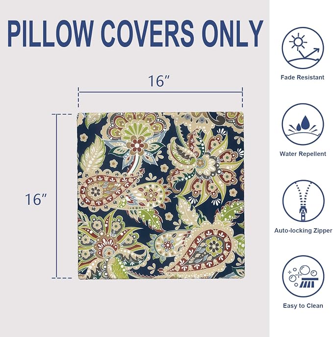 Outdoor 16x16 Inch Throw Pillow Covers Set of 2, Covers ONLY, All Weather Square Pillow Cases, Patio Cushion Pillow of Home Furniture Use, Paisley Sapphire Blue