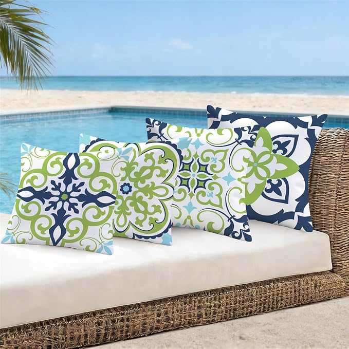 NIGHTWISH Outdoor Waterproof Pillow Covers 16x16 Set of 4 Green Boho Decorative Outdoor Throw Pillows Floral Cushion Cases for Patio Furniture Bench Couch Sunbrella