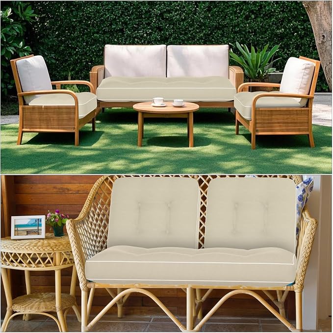 Wenqik 44 x 19 x 4 Inch Outdoor Bench Cushion Set of 3 Waterproof Tufted 1 Patio Loveseat Cushions and 2 Square Chair Seat Pad for Outdoor Furniture Couch Swing Sofa Wicker Settee(Beige)