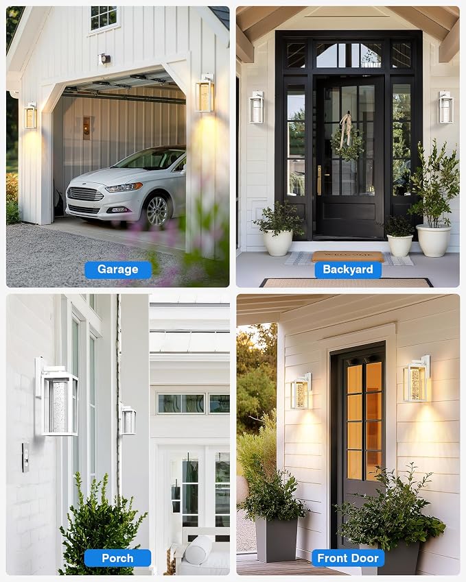 VIANIS White Porch Lights Outdoor, Large Dusk to Dawn Exterior Garage Lighting Fixtures Wall Mount for House, Outdoor Sconce Lights Lanterns for Coach with Integrated Rectangular 10W LED Light Source