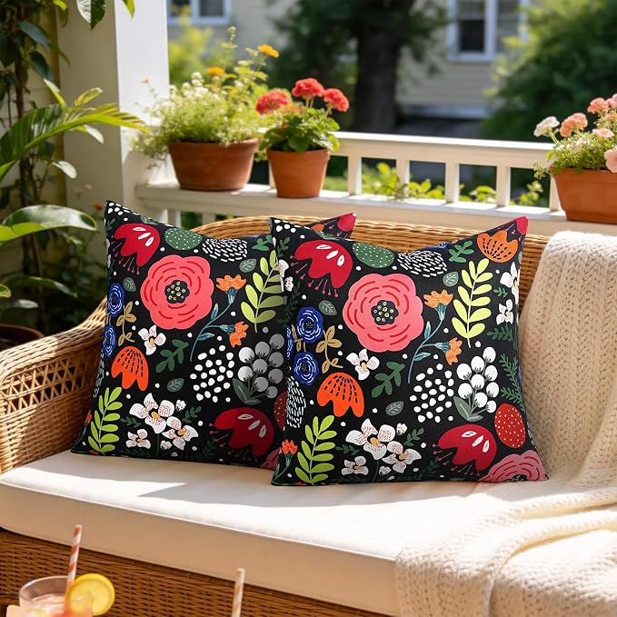 Pyonic Waterproof Outdoor Pillow Covers 18x18 Set of 2, Colorful Floral Decorative Cushion Covers for Patio Furniture, Garden, Balcony,Sunbrella，Boho Nordic Outdoor Indoor Home Decor，Black