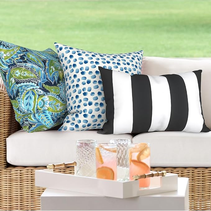 DYTXIII Pack of 2 Outdoor Waterproof Lumbar Pillow Covers ONLY, 12x20 Rectangle Decorative Double Printed Pillow Cases for Patio Couch Porch Furniture - Cabana Black