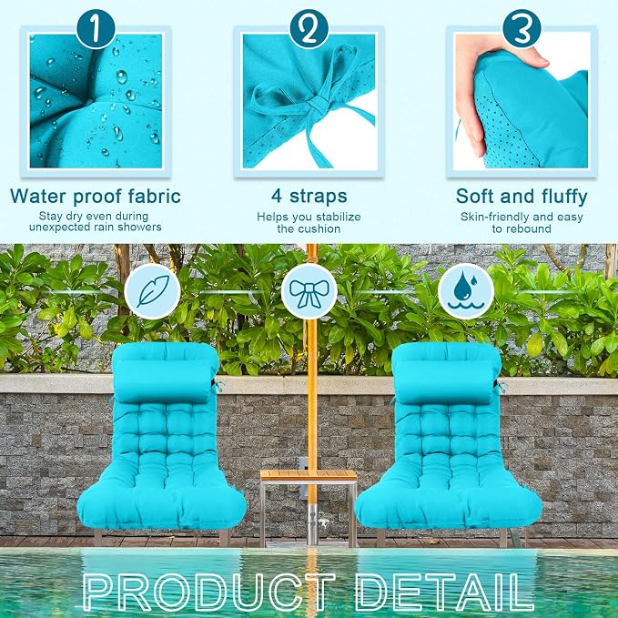 Tudomro Outdoor Chaise Lounge Cushion 66x21x4'' Waterproof & Fade-Resistant Patio Pool Chaise Lounge Cushion Headrest Pillow Tie Replacement Rocking High Back Chair(Turquoise,1 Pcs)