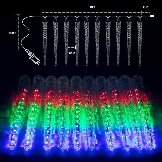Brightown Christmas Icicle Lights Outdoor, 20Ft Meteor Shower Lights with 20 Large Tube 480 LED Dropping Effect, Waterproof Icicle Christmas Decorations for House Eave Roofline, Multicolor