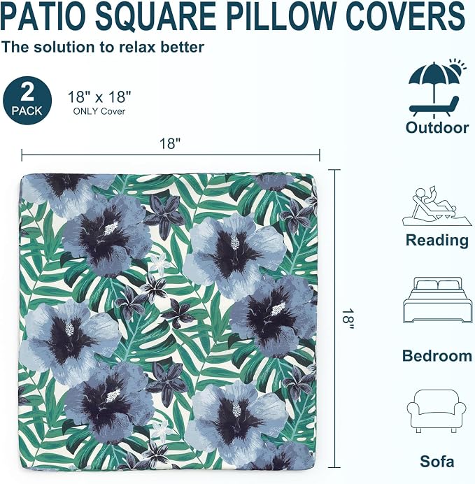 DYTXIII Pack of 2 Outdoor Waterproof Pillow Covers ONLY, 18"x18" Square Decorative Double Printed Throw Pillow Cases for Patio Couch Porch Furniture, Blue Salmone Tropical