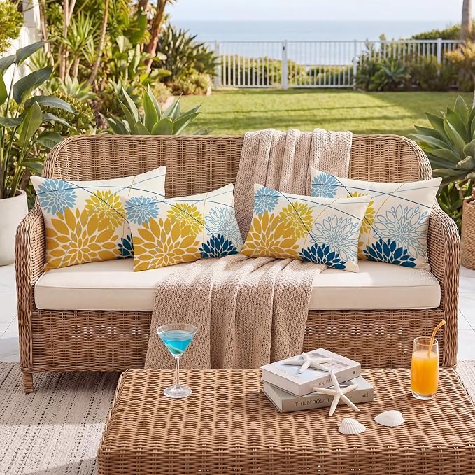 OTOSTAR Outdoor Yellow Light Blue Pillow Covers 12x20 Inch Set of 2 Dark Blue Flower Throw Pillows Farmhouse Geometric Dahlia Floral Lumbar Cushion Case Waterproof Decor for Sofa Patio Funiture Garden
