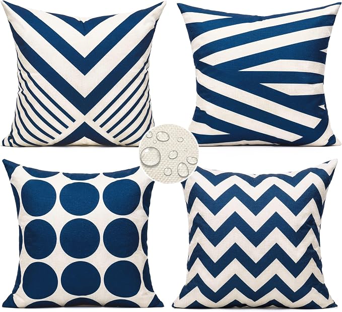 All Smiles Outdoor Waterproof Throw Pillow Covers 16X16 Set of 4,Navy Decorative Cushion Covers Boho Decorations Outside for Patio Furniture Porch Seat Chair Couch Sofa Living Room Geometric
