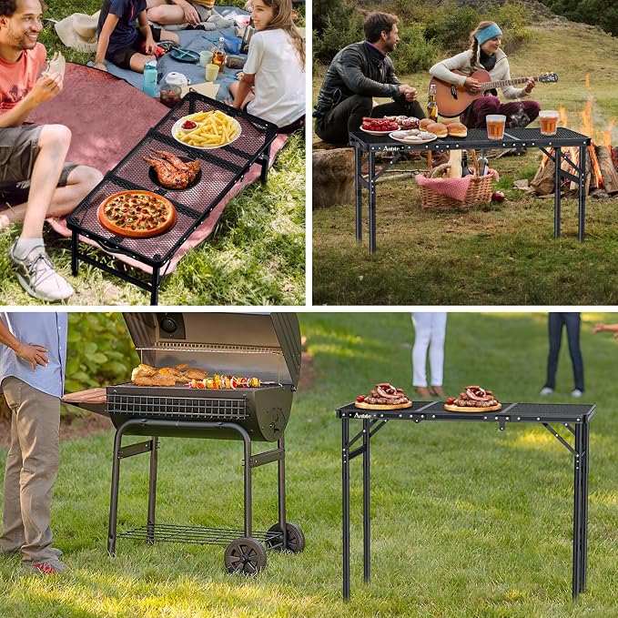 Anbte Folding Grill Table, 3ft Tri-Fold Aluminum Folding Table Adjustable Height Max 27.5" Grill Table with Mesh Desktop, Lightweight, Portable Handle for Outdoor Cooking BBQ Picnic (Black)